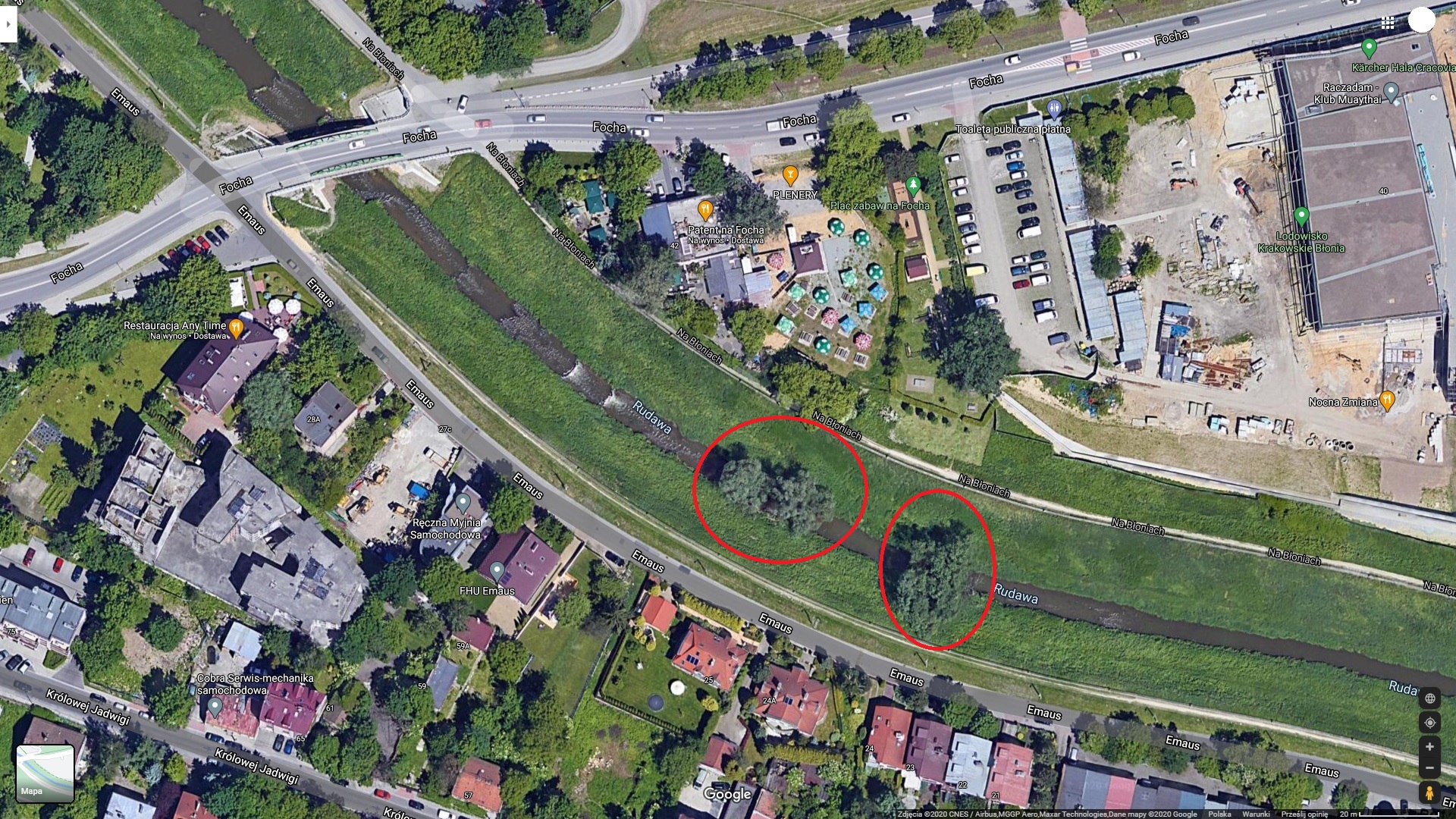Mapa sytuacyjna Google Maps pokazująca lokalizację usuniętych drzew w korycie Rudawy w Krakowie 